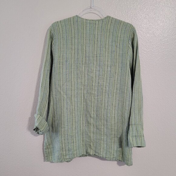 Flax Shirt Womens S Green Striped V-Neck Button Front Lagenlook Shacket Beach - Picture 7 of 11
